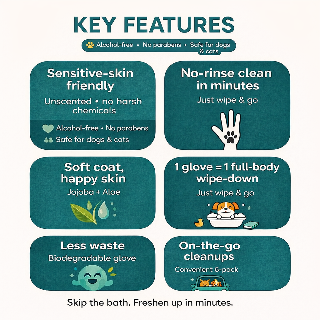 Key features infographic for Ruff & Wild no-rinse grooming glove wipes: sensitive-skin friendly, unscented, alcohol-free, no parabens, and on-the-go cleanups