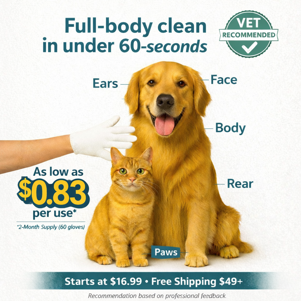 Infographic showing Ruff & Wild no-rinse grooming glove wipes for dogs and cats, safe for ears, face, body, rear, and paws