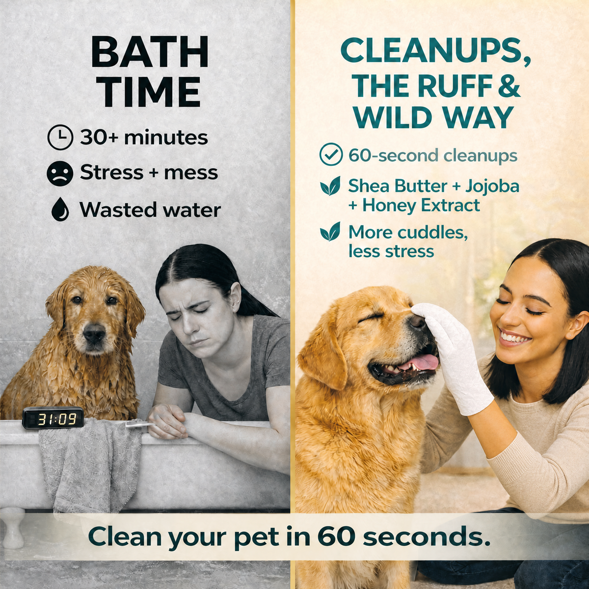 Clean your pet in 60 seconds, No Tub, No Mess, No Stress