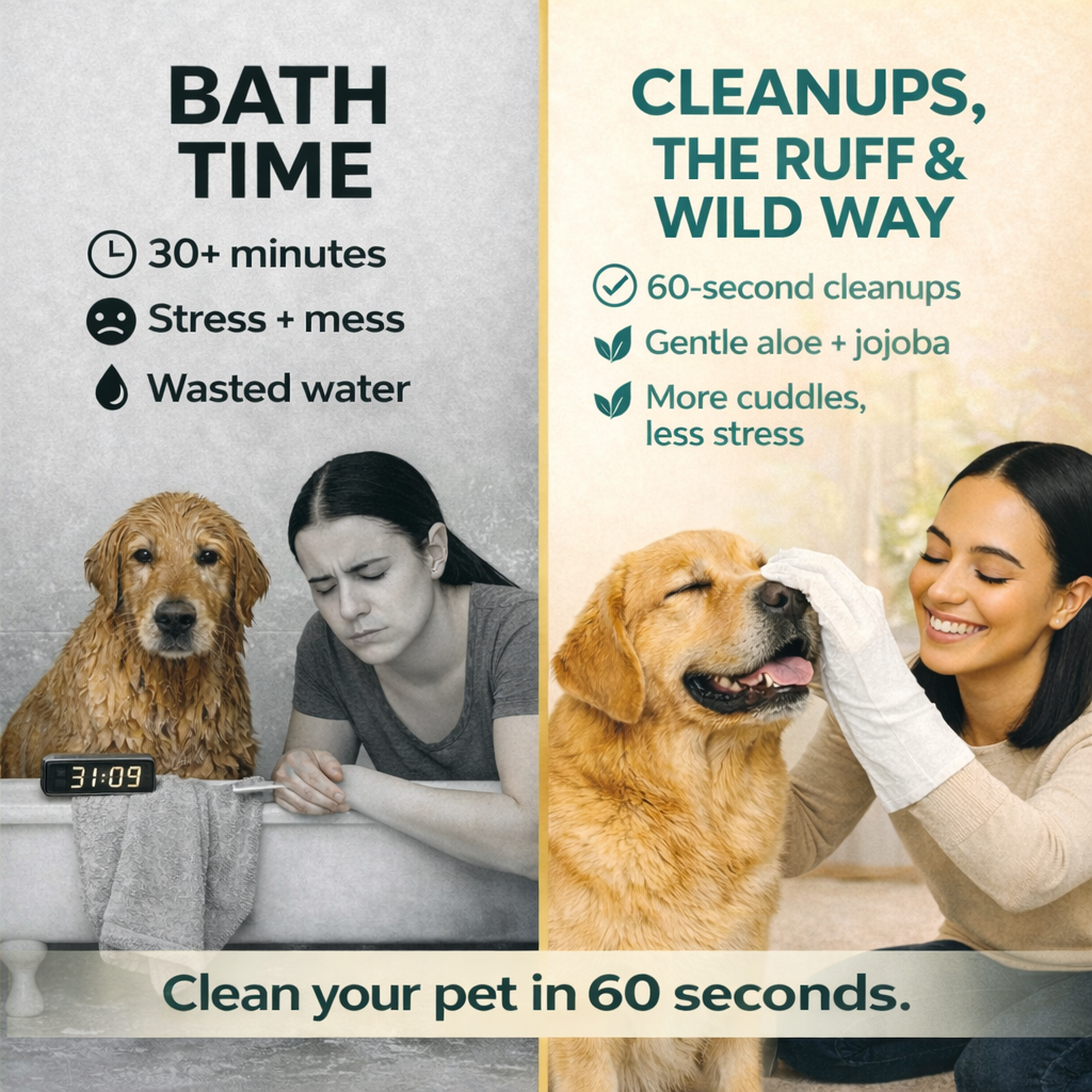 Comparison graphic: bath time vs Ruff & Wild no-rinse grooming glove wipes, showing a dog being cleaned with a glove wipe