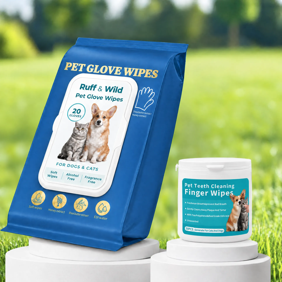 Ruff & Wild pet glove wipes and dental finger wipes on grass
